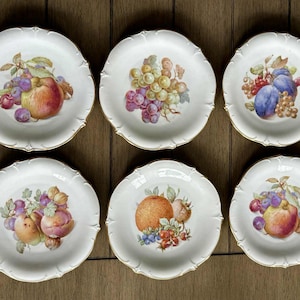 Set Of 6 Schumann Arzberg Plates, Bone China From Germany, Gold Trim, Scalloped Edge, Vintage Salad And Dessert Plates, Fruit And Nut Design