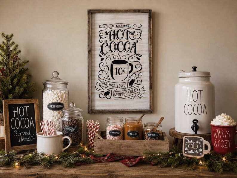 May include: A rectangular wooden sign with black text reading Old-Fashioned Hot Cocoa, 10 cents, Marshmallows, and Whipped Cream. The sign features a central mug illustration and is displayed alongside glass jars, a ceramic dispenser, and mugs.
