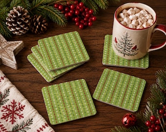 Christmas Coasters: Green Polka Dot MDF Wood Coasters, Set of 6