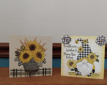 Summer Decor, Shelf Sitters, Tiered Tray Decor, Gnome Sign, Sunflower Decor, Sign With Flowers, Gingham Decor, Rustic Farmhouse Decor
