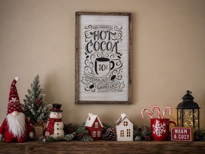 May include: A rectangular wooden sign with a white background and black text that reads Old-Fashioned Hot Cocoa, featuring a mug graphic labelled 10c, with banners for Marshmallows and Whipped Cream, framed in dark brown wood.