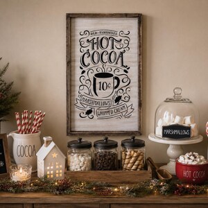 May include: A rectangular wooden sign with a white background and black text reading Old-Fashioned Hot Cocoa, 10 cents, Marshmallows, and Whipped Cream. The sign features a central mug illustration and holly accents, framed in dark wood.