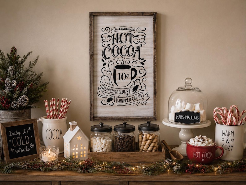 May include: A rectangular wooden sign with a white background and black text reading Old-Fashioned Hot Cocoa, 10 cents, Marshmallows, and Whipped Cream. The sign features a central mug illustration and holly accents, framed in dark wood.