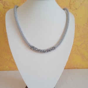 Silver colour seed bead crochet rope necklace Silver beadwork necklace Gift for her statement bridal necklace for lovely women Silver shine