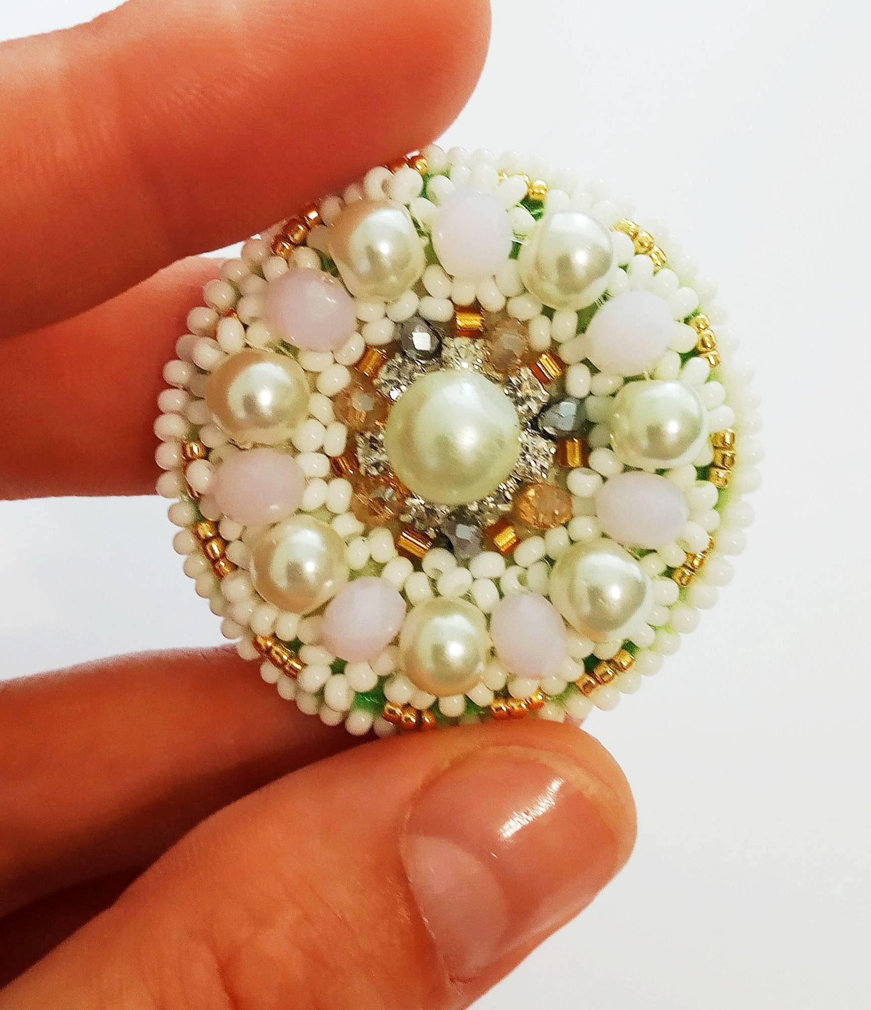 Beaded Embroidered Brooch White Pink Seed Bead Brooch Handmade Etsy