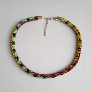 Red yellow green seed bead necklace Handmade beaded necklace Rasta style choker Jamaican rope necklace Rasta gift Rastafarian mens choker