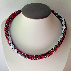 Ukrainian ethnic necklace Ukraine colour crochet rope necklace Red black boho necklace Beadwork women statement necklace Gift for her