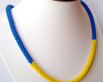 Ukrainian colour necklace Ukrainian flag necklace Crochet rope necklace Knotted seed bead necklace Blue yellow    necklace Gift for her