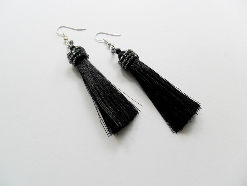 Statement black silver earrings Black Gothic beaded tassel earrings Elegant night black girlfriend earrings statement Black evening jewelry