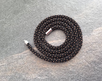 Boho Seed Bead Crochet Necklace: Long Brown Gold Beadwork