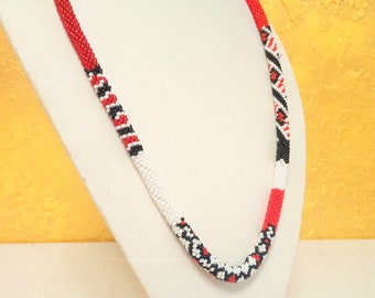 Statement Seed Bead Crochet Necklace: Red Black Extra Long, 30 Inch