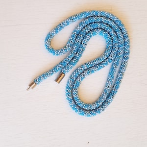 Long lariat necklace for women Handmade boho long necklace Beadwork multicolour necklace Blue shine crochet necklace Gift for women
