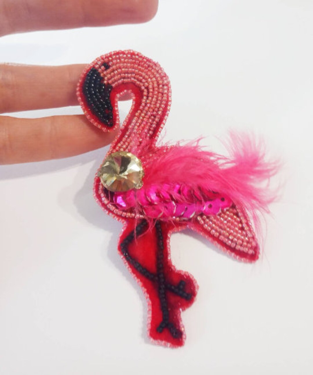 Pink Flamingo Brooch Pink Beaded Embroidered Brooch Seed Bead Flamingo