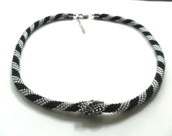 Black silver seed bead  crochet rope evening necklace Gift for her Boho beaded beadwork rope necklace Handmade crochet choker
