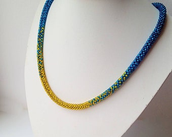 Blue yellow seed bead crochet necklace Ukraine colour necklace Handmade Ukraine necklace Gift for her Women beaded necklace Shine necklace