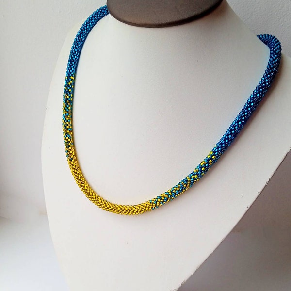 Blue yellow seed bead crochet necklace Ukraine colour necklace Handmade Ukraine necklace Gift for her Women beaded necklace Shine necklace