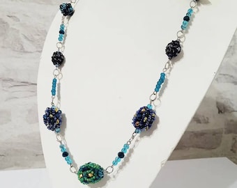 Long beadwork necklace Blue black necklace Seed bead handmade necklace Gift for her Women boho style jewelry Shine big bead necklace