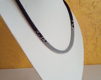Handmade Crochet Seed Bead Necklace: Silver & Black Boho Jewelry