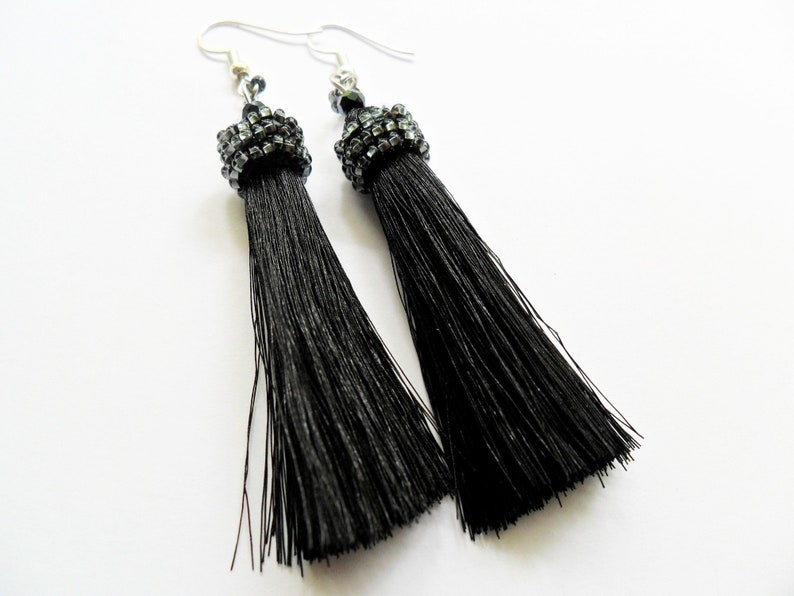 Statement black silver earrings Black Gothic beaded tassel earrings Elegant night black girlfriend earrings statement Black evening jewelry