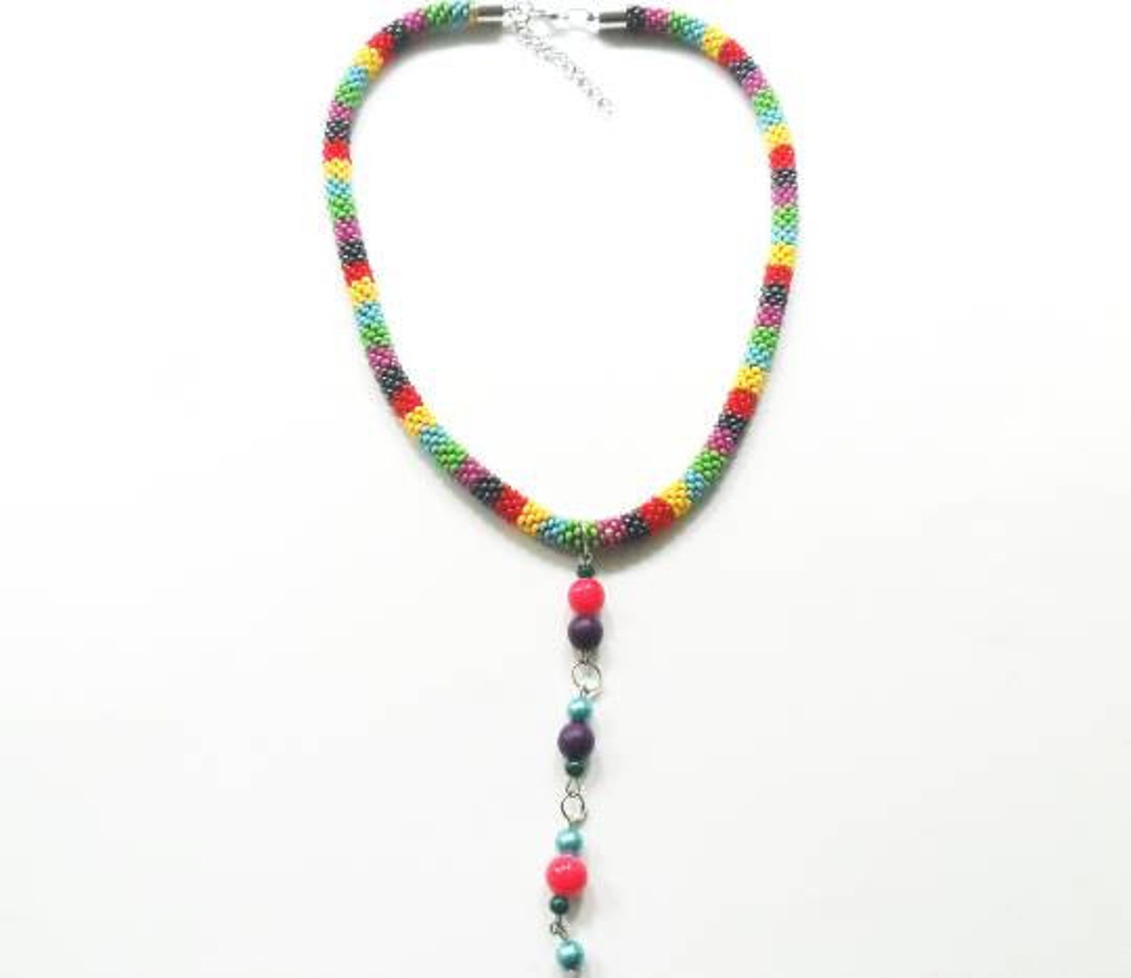Collier Sautoir Perles Colorées Et œil De Protection - Pendentif Rond Acier Inoxydable Doré - Style Bohème - Neuf Sans Emballage
