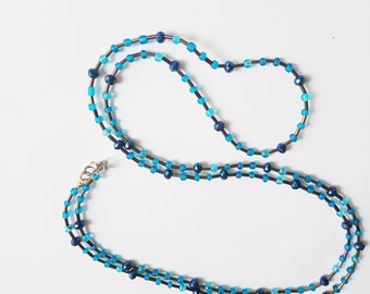 Blue silver beaded necklace Handmade seed bead necklace Elegant blue jewelry Glass beads necklace Extra long necklace for women Gift for her