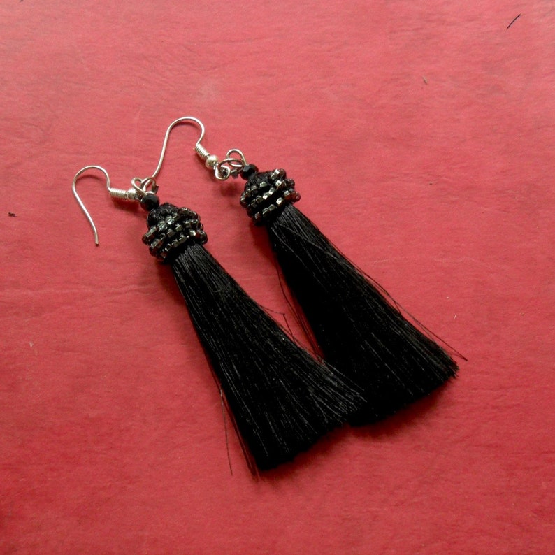 Statement black silver earrings Black Gothic beaded tassel earrings Elegant night black girlfriend earrings statement Black evening jewelry