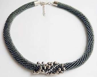 Silver seed bead evening short necklace Handmade beaded boho style necklace Beaded choker Beadwork silver necklace Knotted necklace