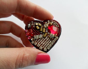 Love heart brooch Handmade embroidered brooch Rhinestones brooch Love day gift Gift for her Red heart Boho love brooch