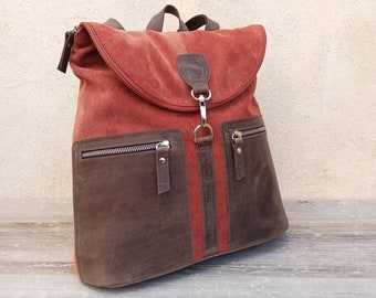 Corduroy Backpack. Handmade unisex backpack. Cord and Leather Backpack.