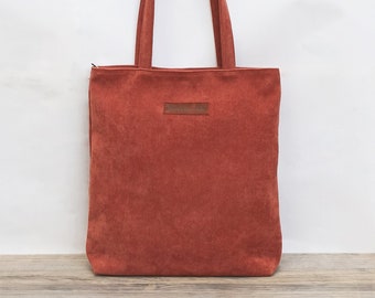 Korallenfarbene Cordtasche. Shopper-Bag aus Cord. Tote Bag handgefertigt aus hochwertigem Cord.