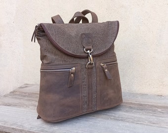 Brown handmade backpack purse. Backpack in leather and canvas. Backpack for Everyday Use.