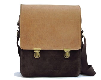 Leather and washed cotton men handbag. Crossbody men bag. Messenger bag leather and canvas.