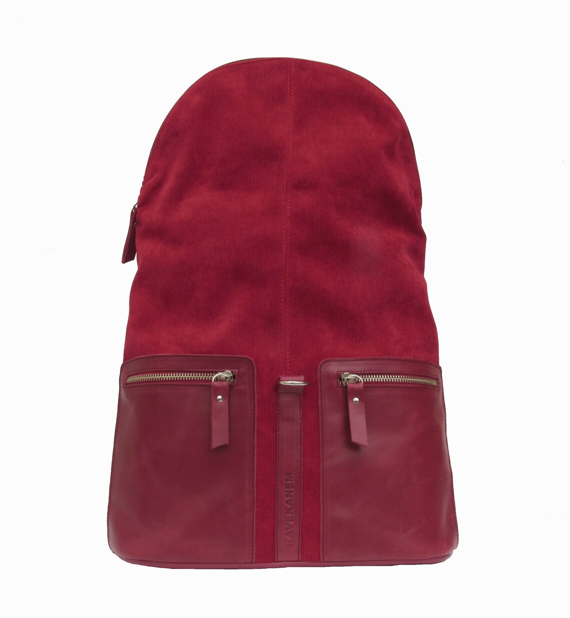 Corduroy and Leather Backpack. Red Backpack. Handmade Women's Backpack