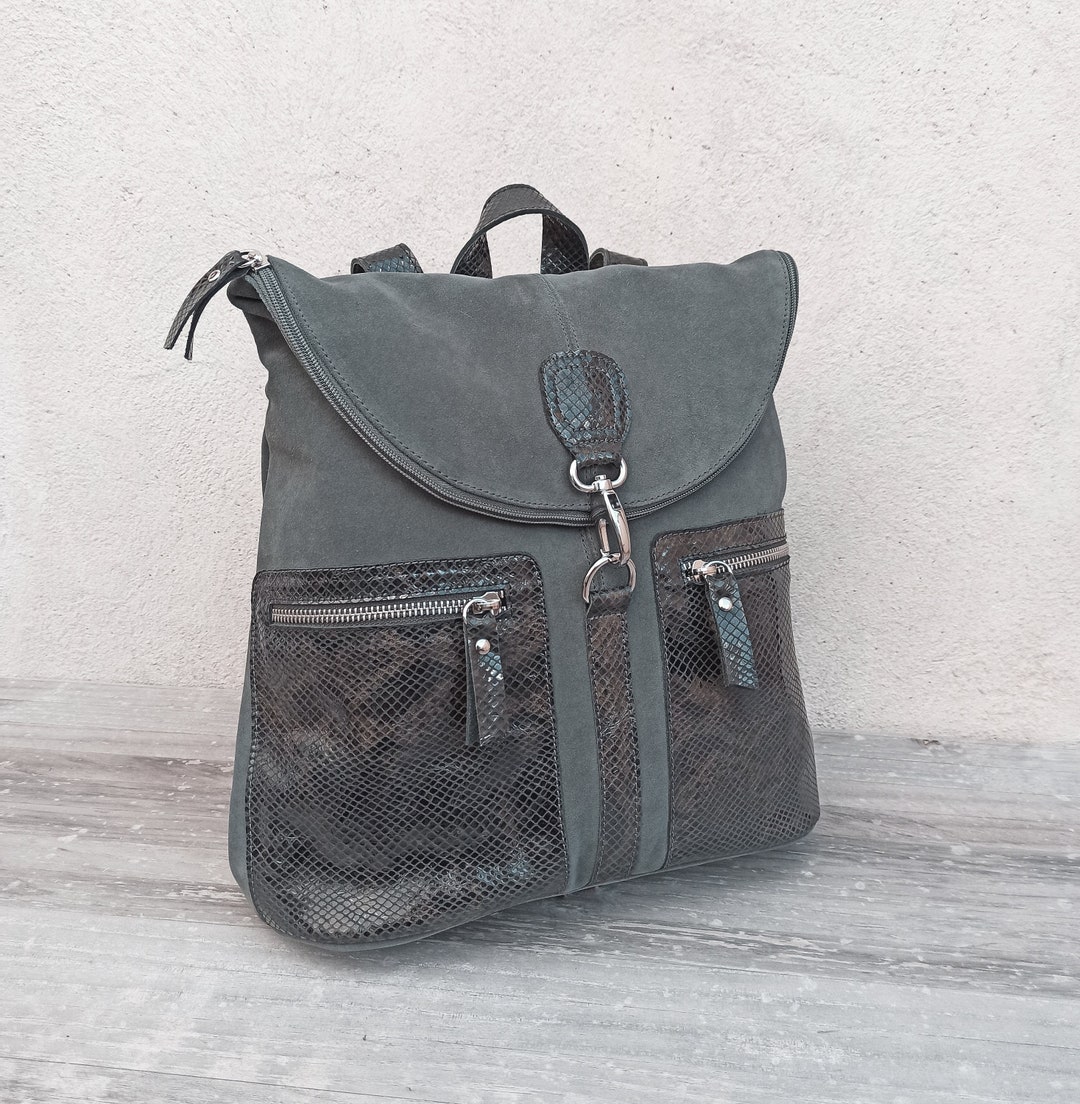 Antitheft Leather Backpack. Gray Leather Backpack Purse. Split Leather