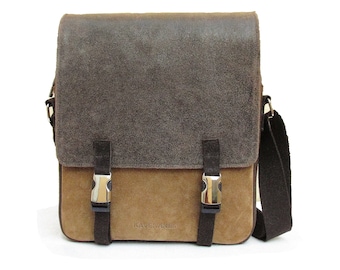 Shoulder bag men made of leather and washed cotton. Handmade Messenger bag.