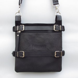 Leather and canvas crossbody bag. Waxed cotton shoulder bag. Leather and canvas saddlebag. Black double shoulder bag.