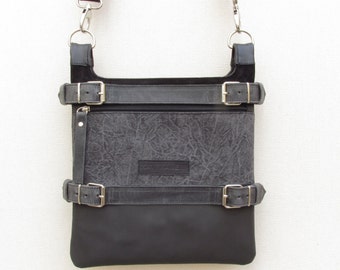 Leather and canvas crossbody bag. Leather and cotton shoulder bag. Leather and canvas saddlebag. Grey double shoulder bag.