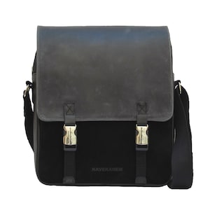Men's canvas and leather handbag. Black messenger bag. Handmade shoulder bag for man. Crossbody bag for woman.