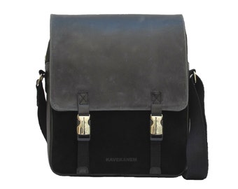 Sac à main en toile et cuir pour homme. Sac messager noir. Sac à bandoulière fait main pour homme. sac à main bandoulière cuir noir.