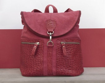 Rucksack damen. Rucksack aus Leder und Canvas. Roter Rucksack.