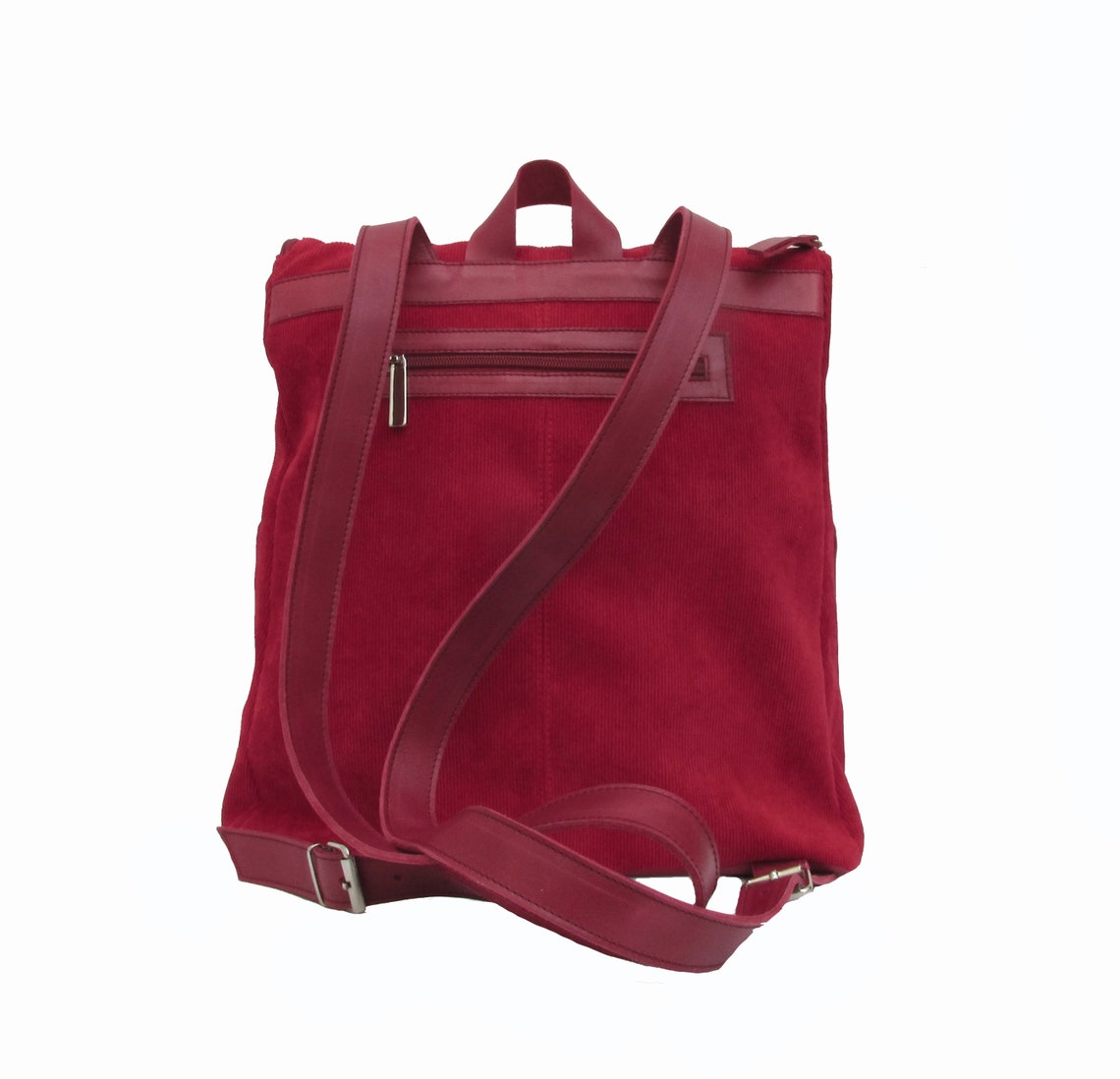 Corduroy and Leather Backpack. Red Backpack. Handmade Women's Backpack