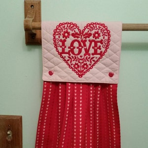 Lacy valentine embroidered kitchen towel in red/pink image 1