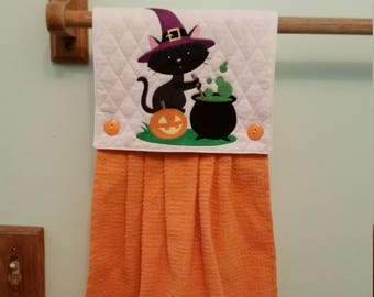 Kitty Witch and cauldron embroidered kitchen towel