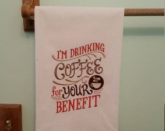 Drinking coffee embroidered flour sack kitchen towel 1