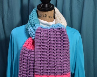 Hand knit scarf #171 in blue, turquoise,lavender, pink, and white