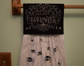 spiderweb Halloween towel in black and white