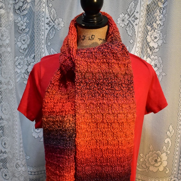 Hand knit scarf #209 in tweedy shades of red, purple, and orange