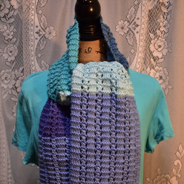 Hand knit scarf #195 in shades of teal, aqua, and blue