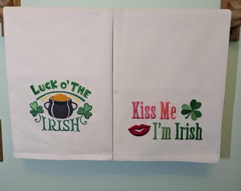 St. Patrick's Day embroidered kitchen towels Kiss me, I'm Irish & Luck O' the Irish shamrock pot of gold old-fashioned flour-sack towels