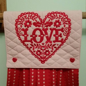 Lacy valentine embroidered kitchen towel in red/pink image 3